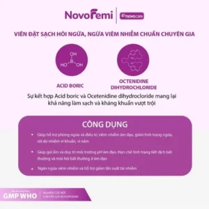 Viên đặt phụ khoa Novofemi tím hộp 2 vỉ*7 viên hỗ trợ cân bằng ph âm đạo, ngăn ngừa viêm tái lại nhiều lần