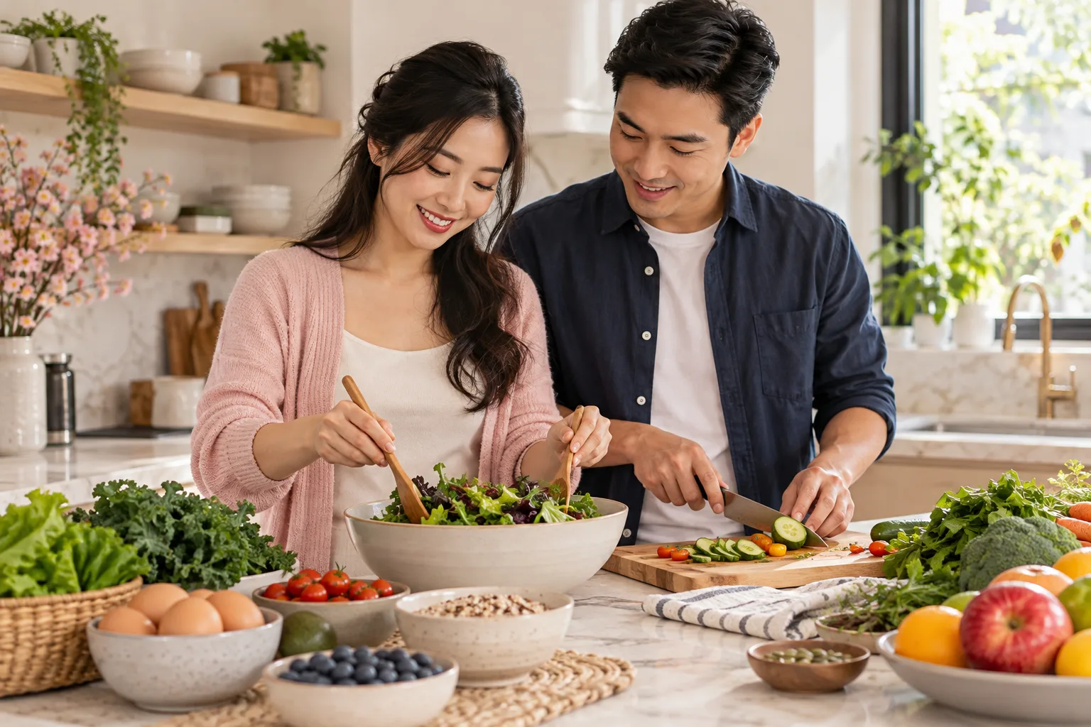 Cặp đôi chuẩn bị bữa ăn đa dạng trong giai đoạn mong con